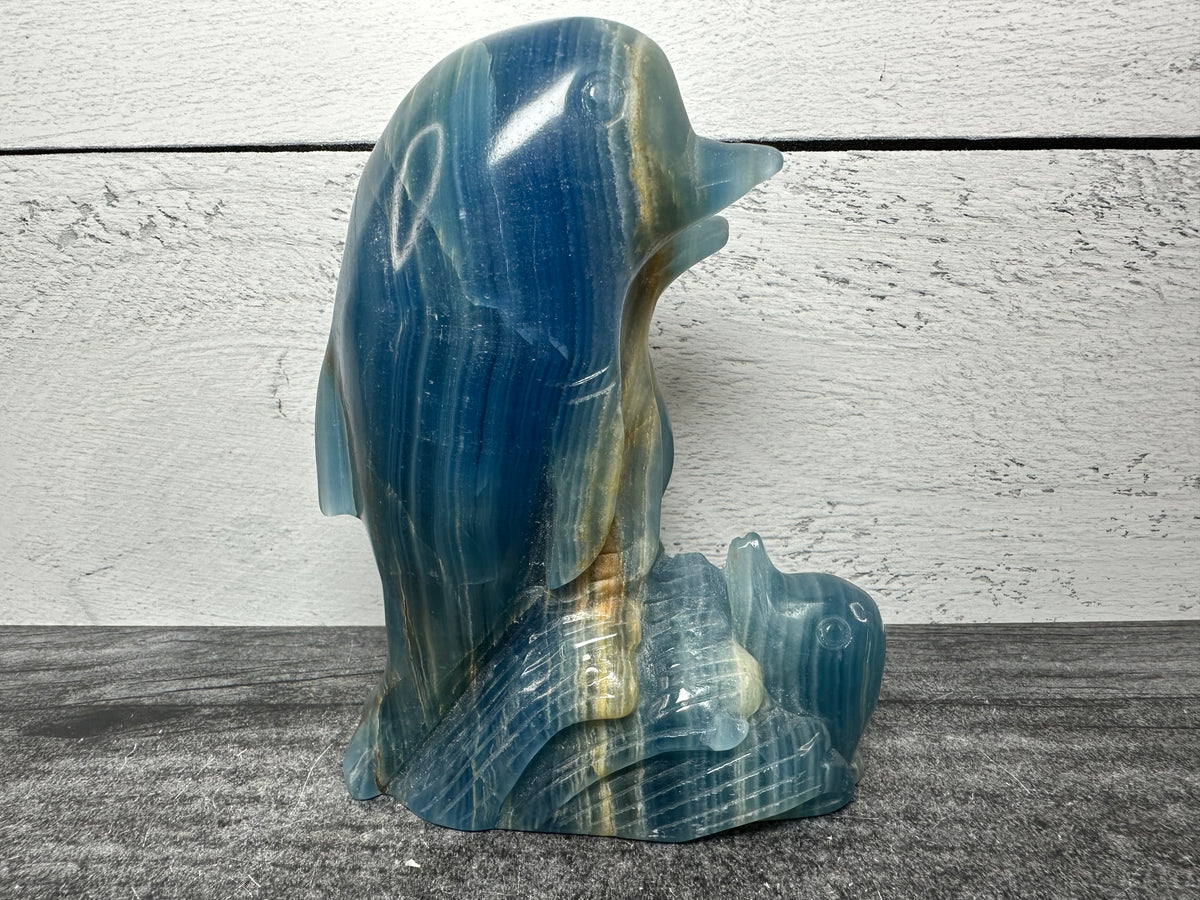Dolphin Family (4.5&quot;) Blue Onyx (Large Carved Natural Crystal Animal)