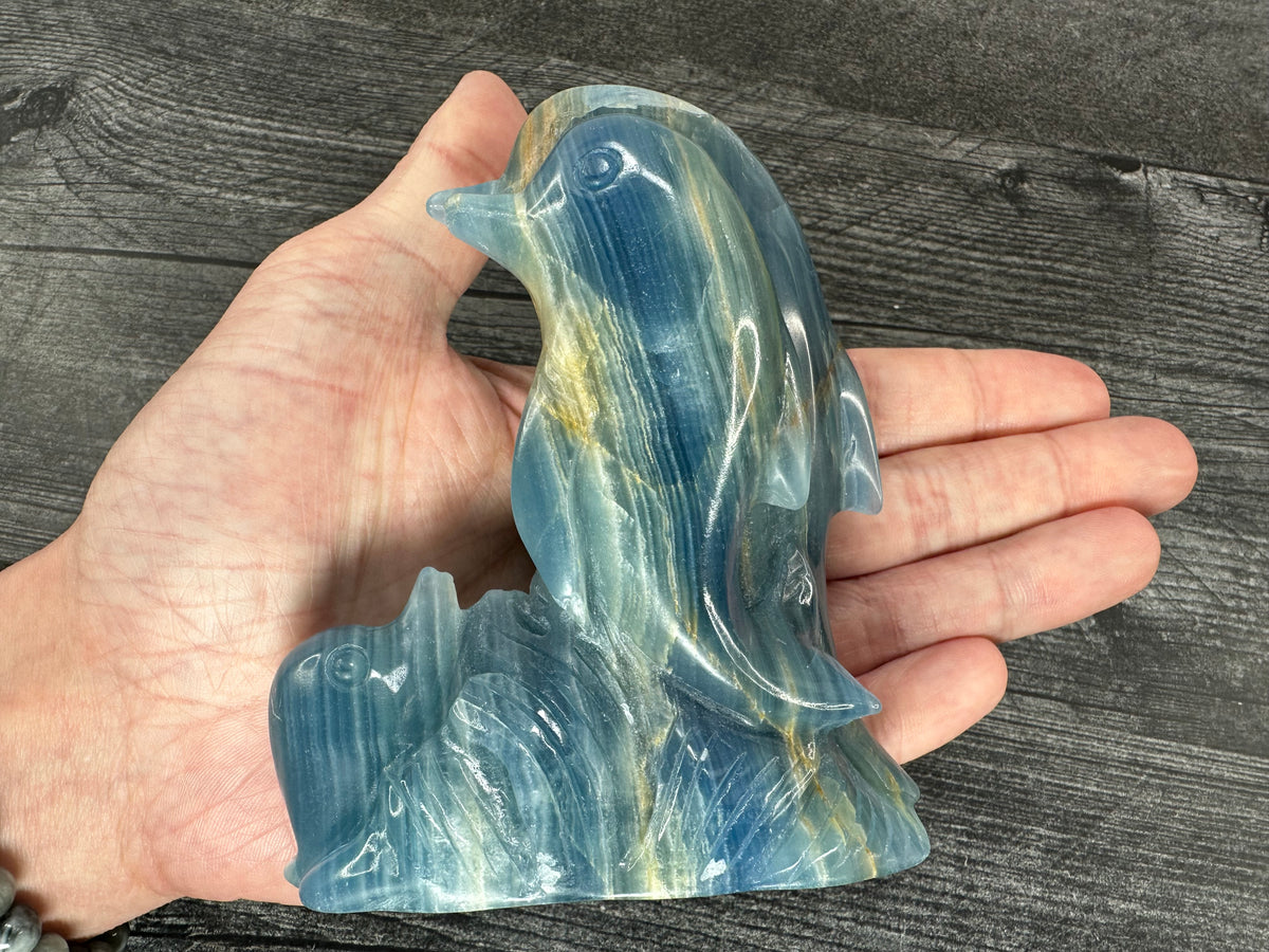 Dolphin Family (4.5&quot;) Blue Onyx (Large Carved Natural Crystal Animal)