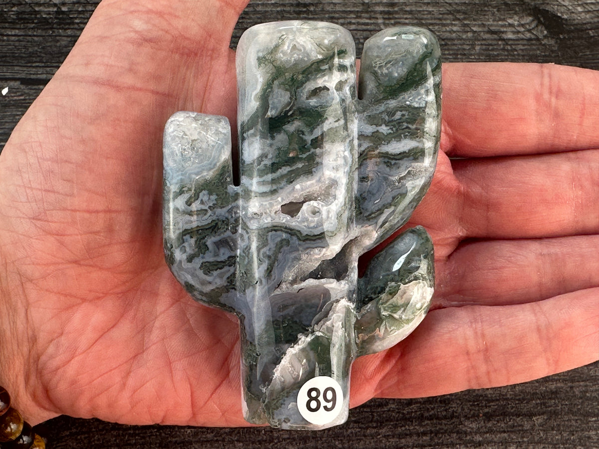 Moss Agate (3.25&quot;) Large Cactus (Carved Natural Crystal)