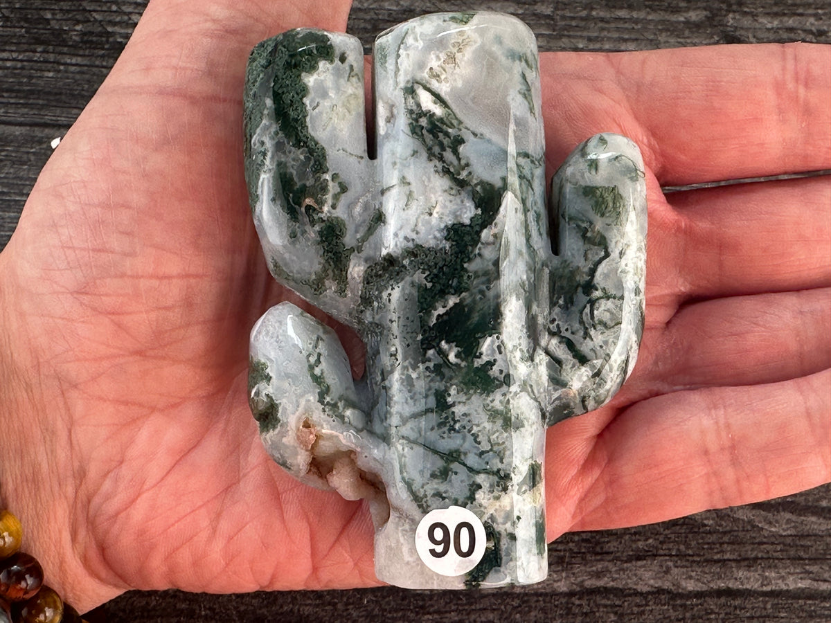 Moss Agate (3.25&quot;) Large Cactus (Carved Natural Crystal)
