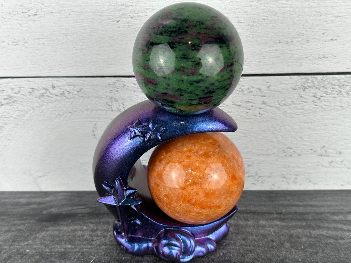 Crescent Moon &amp; Stars on Cloud (4.1&quot;) Double Crystal Sphere Stand