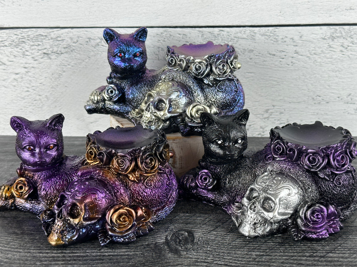 Cat with Skull (5&quot;) Crystal Sphere Stand