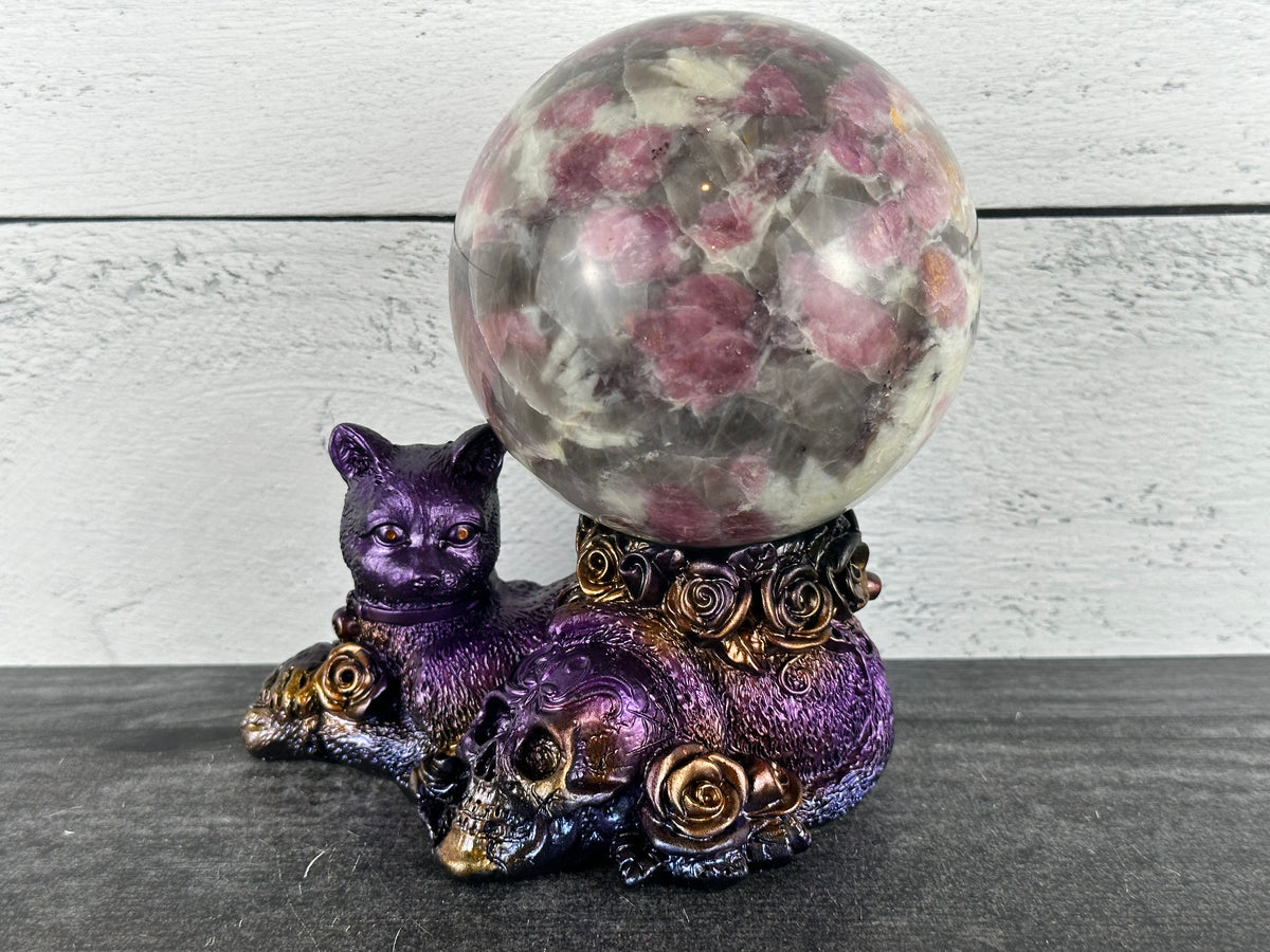 Cat with Skull (5&quot;) Crystal Sphere Stand