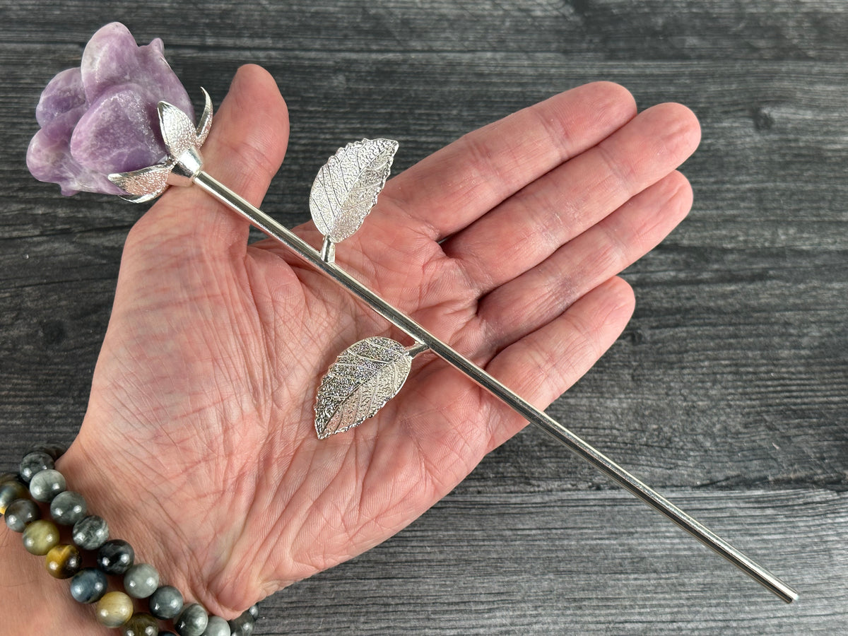 Rose (2&quot;) with Silver Metal Stem (Carved Natural Crystal Flower)