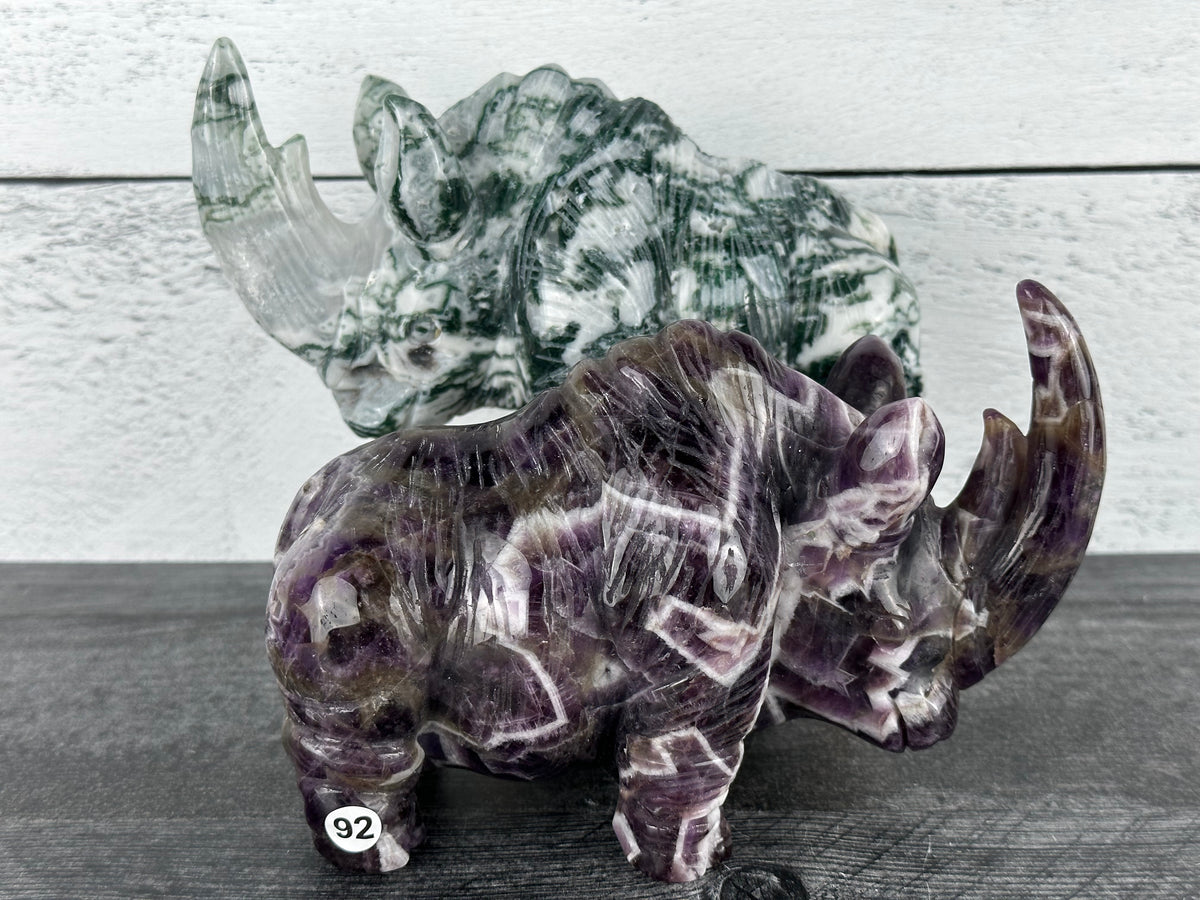 Rhino (6&quot;) - Moss Agate Chevron Amethyst (Carved Natural Crystal Animal)