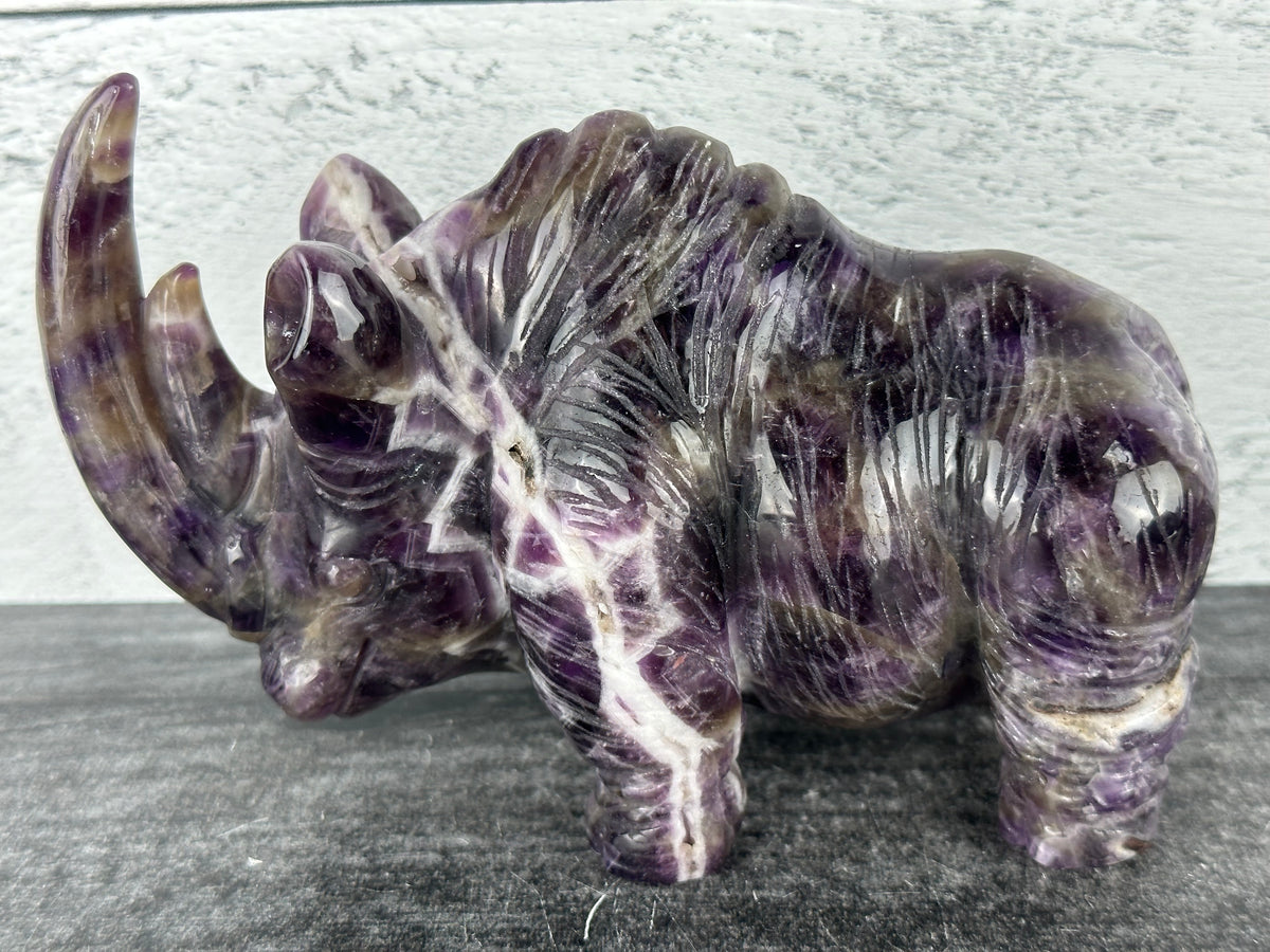 Rhino (6&quot;) - Moss Agate Chevron Amethyst (Carved Natural Crystal Animal)