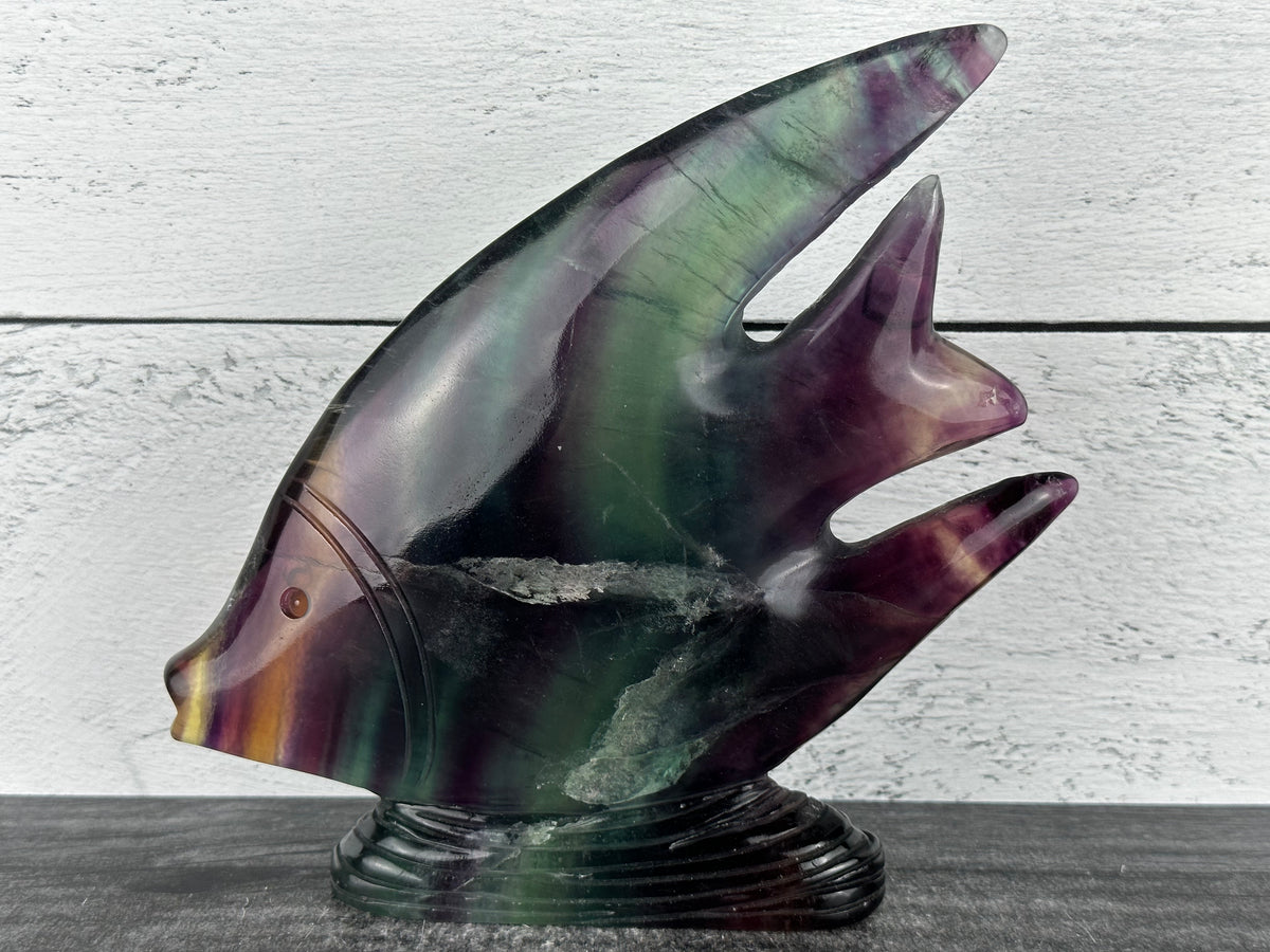 Fish (6.75&quot; Rainbow Fluorite) Angelfish Goldfish (Large Carved Natural Crystal Animal)