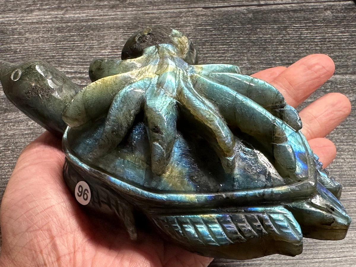 Octopus on Sea Turtle (6.75&quot;) Labradorite - Carved Natural Crystal Animal #96