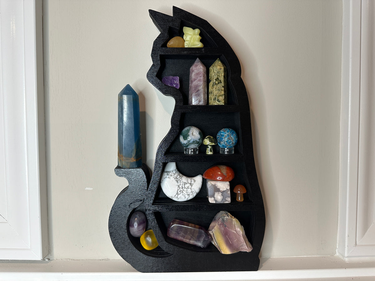 Wood Crystal Display Shelf - Black Cat (11.75&quot;) Short Tail