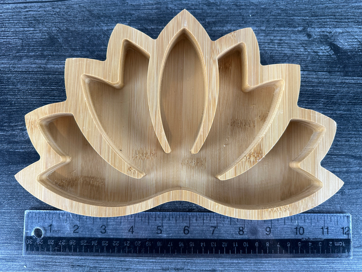 Wood Crystal Display Tray &amp; Sphere Stand - Lotus Flower (11&quot;) Plate