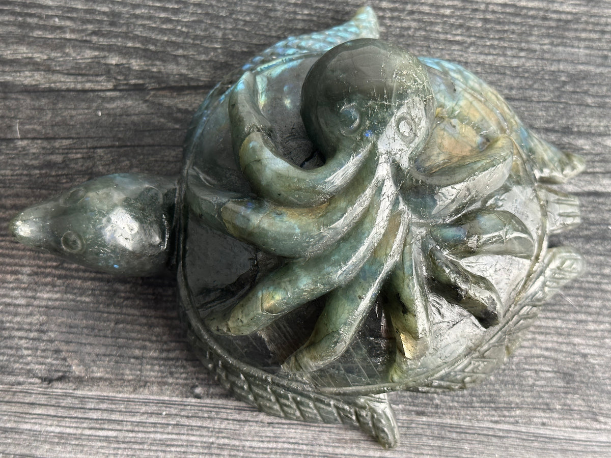 Octopus on Sea Turtle (6.5&quot;) Labradorite - Carved Natural Crystal Animal #97