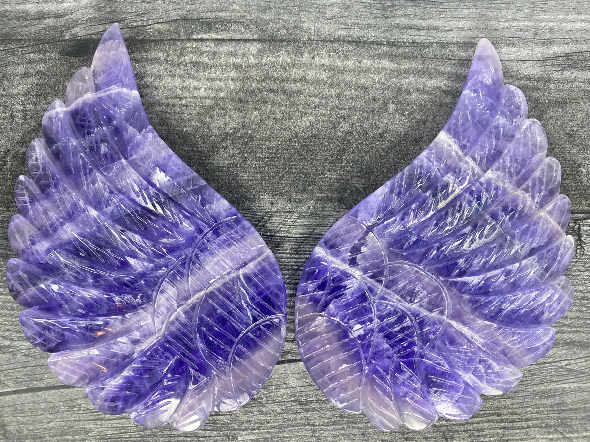Set of Angel Wings w Stand (8.25&quot;) Purple Fluorite (Carved Natural Crystal)