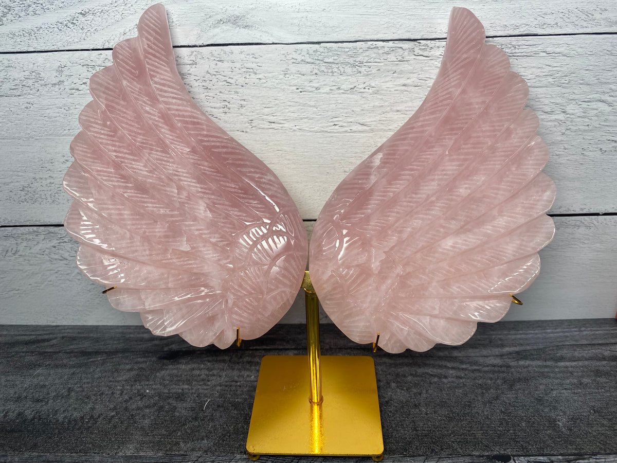 Set of Angel Wings w Stand (8.25&quot;) Rose Quartz (Carved Natural Crystal)