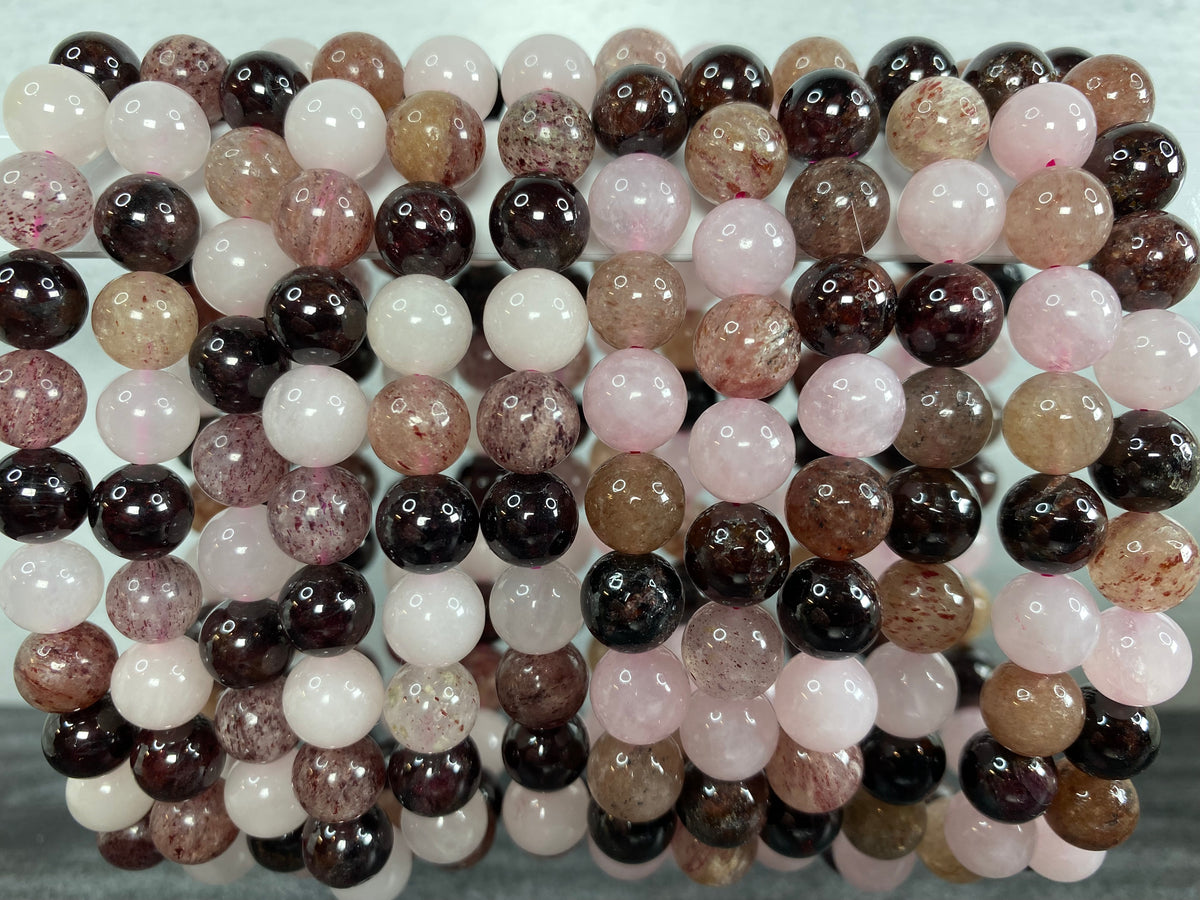 Heart Chakra Rose Quartz, Garnet, &amp; Strawberry Quartz (8mm) Bracelet (Natural Crystal)