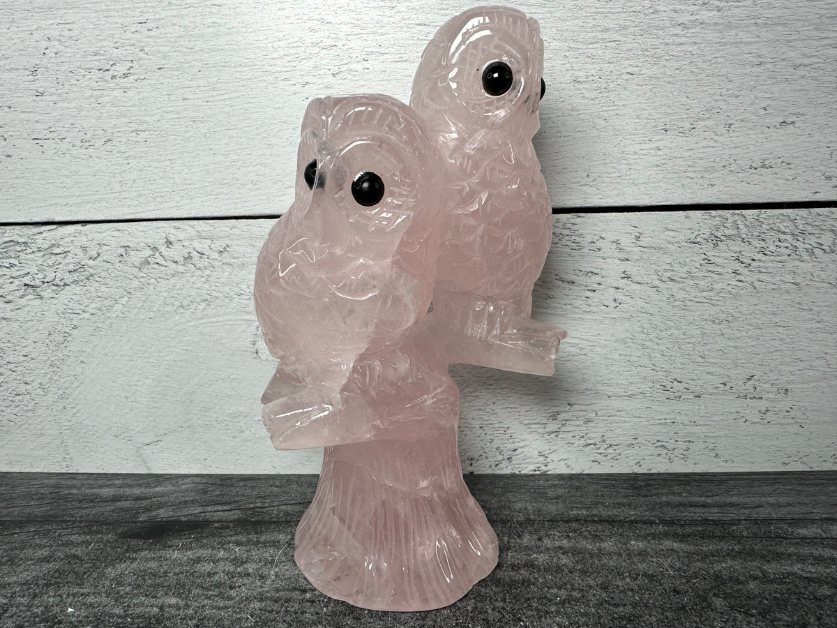Owls on Tree (6&quot;) Rose Quartz (Large Carved Natural Crystal Animal)