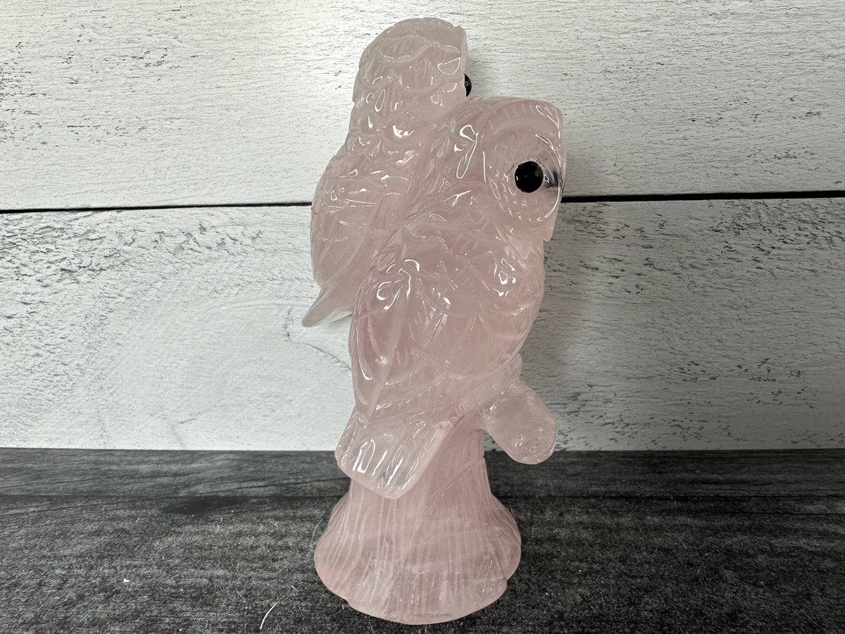 Owls on Tree (6&quot;) Rose Quartz (Large Carved Natural Crystal Animal)
