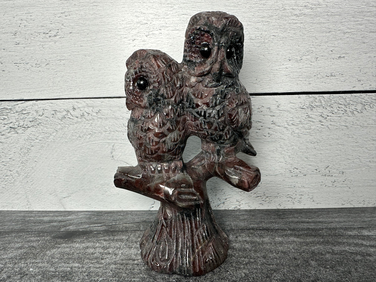 Owls on Tree (6&quot;) Garnet Astrophyllite (Large Carved Natural Crystal Animal)
