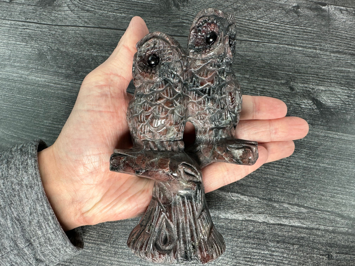 Owls on Tree (6&quot;) Garnet Astrophyllite (Large Carved Natural Crystal Animal)