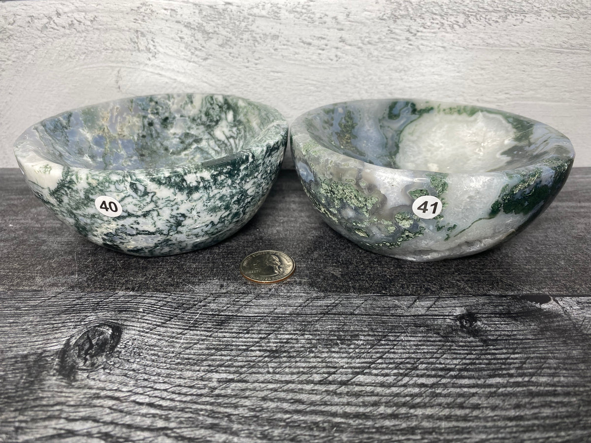 Moss Agate Large Bowl (4-4.75&quot;) Carved Natural Crystal Bowl