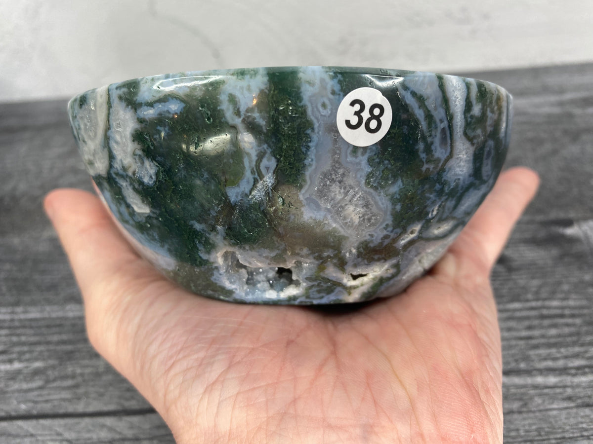 Moss Agate Large Bowl (4-4.75&quot;) Carved Natural Crystal Bowl