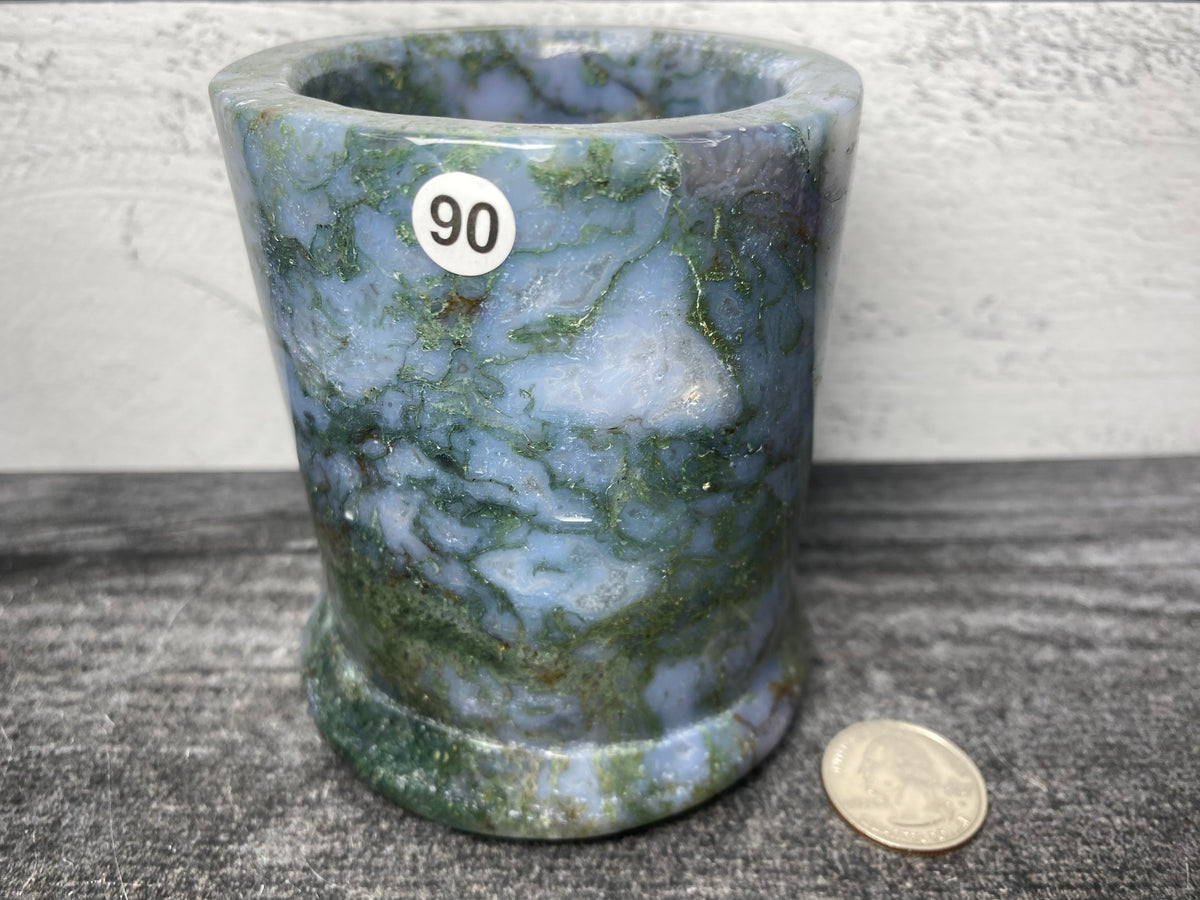 Moss Agate Pencil Holder Pen Container (4&quot;) Carved Natural Crystal Cup