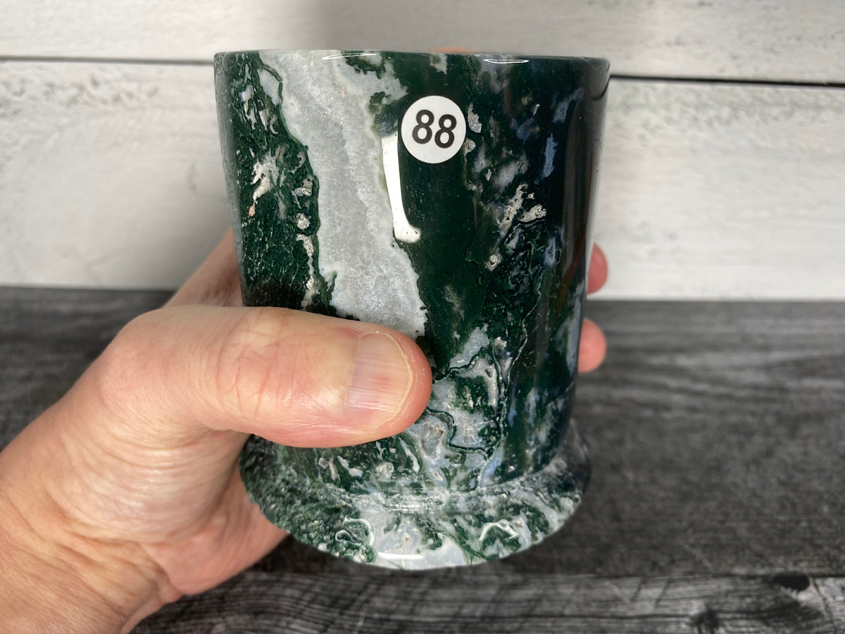 Moss Agate Pencil Holder Pen Container (4&quot;) Carved Natural Crystal Cup
