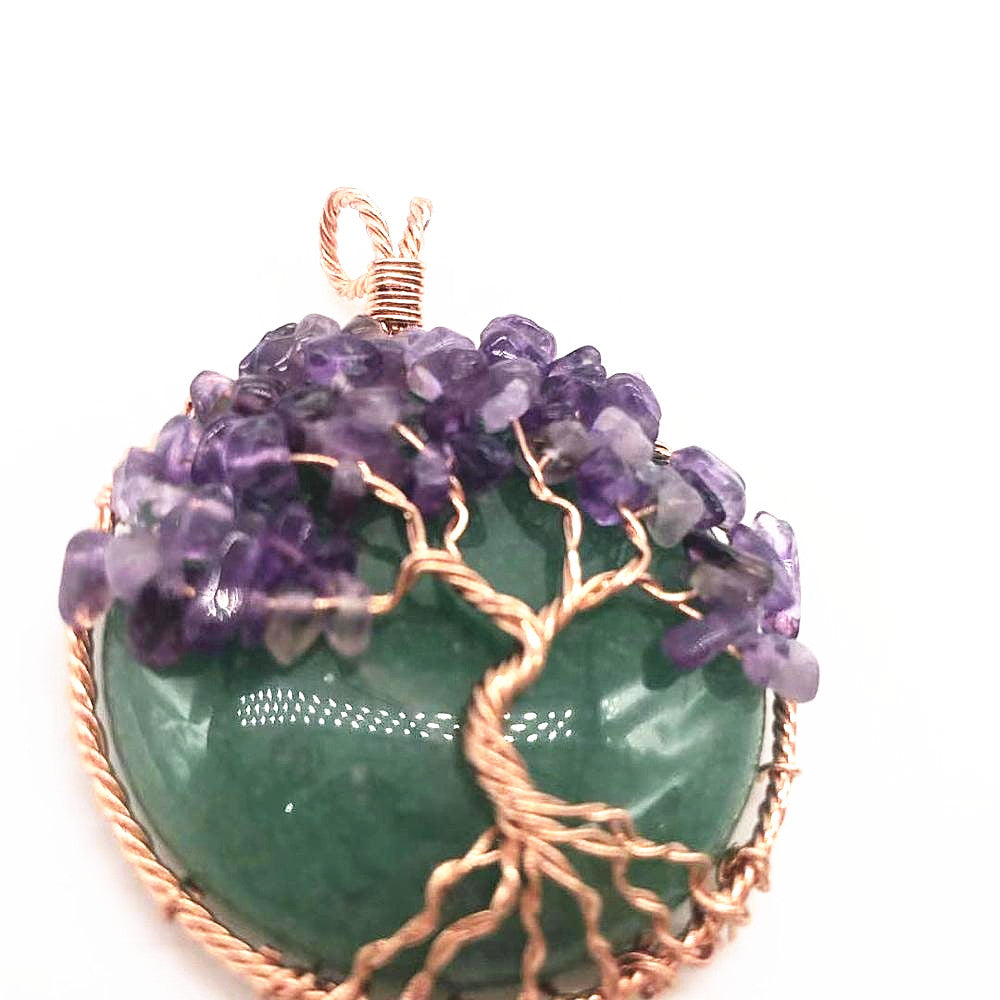 Tree of Life Round Pendant Natural Crystal (Amethyst + Green Aventurine)
